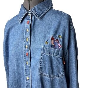 Denim Button Down Shirt with Embroidered Design